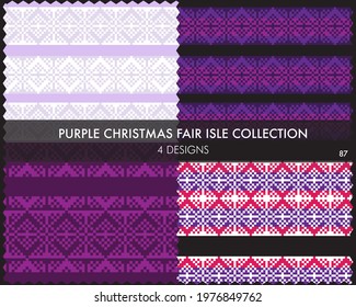 Purple Christmas fair isle pattern collection includes 4 design swatches for fashion textiles, knitwear and graphics