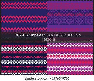 Purple Christmas fair isle pattern collection includes 4 design swatches for fashion textiles, knitwear and graphics