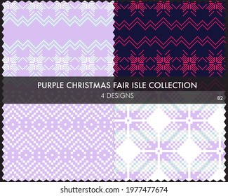 Purple Christmas fair isle pattern collection includes 4 design swatches for fashion textiles, knitwear and graphics