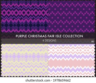 Purple Christmas fair isle pattern collection includes 4 design swatches for fashion textiles, knitwear and graphics
