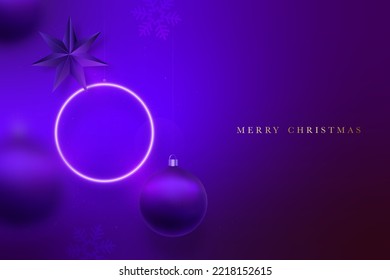 Purple Christmas festive background. Hanging glowing neon violet circle with balls and star neon light reflection. Motion blur effect. Xmas futuristic backdrop.