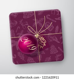 Purple Christmas Gift Box Card. Abstract Vector Wrapped Paper Container with Greetings Tag and Ball. Packaging Design Illustration. Hand Drawn Xmas Background Seamless Pattern. Isolated.