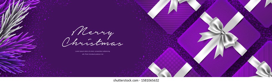Purple christmas greeting horizontal banner, 3d realistic gift boxes 