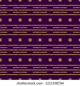 Purple Christmas pattern background with golden glittering snowflakes, vector illustration