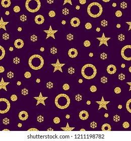 Purple Christmas pattern background with golden glittering snowflakes and stars, vector illustration