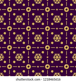 Purple Christmas pattern background with golden glittering snowflakes, vector illustration
