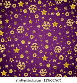Purple Christmas pattern background with golden glittering snowflakes and stars,  vector illustration