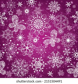 Purple Christmas pattern with stylized lacy snowflakes, butterflies and stars. Seamless texture. Vector eps 10