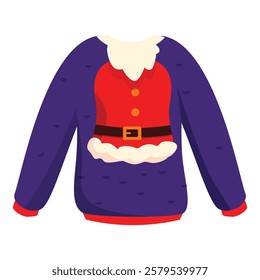 Purple christmas sweater depicting santa claus torso with red clothes and black belt