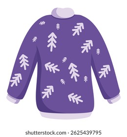 Purple christmas sweater featuring stylized white christmas trees