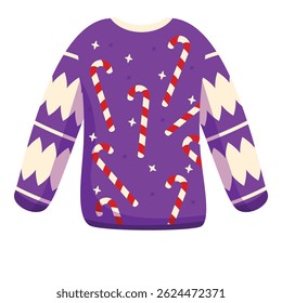 Purple christmas sweater with a repeating pattern of candy canes and stars, perfect for festive celebrations and holiday gatherings