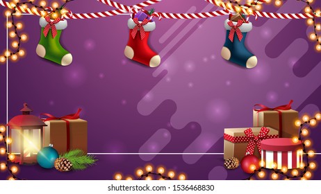 Purple Christmas template for your arts with garlands, Christmas stockings,presents and vintage lantern