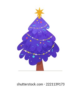 Purple Weihnachtsbaum mit Geschenkbox. Gestaltungsgeometrische Formen und Glühbirnen-Kette dekoriert Weihnachtsbaum. Frohes neues Jahr. Winterferien. Flacher Vektor