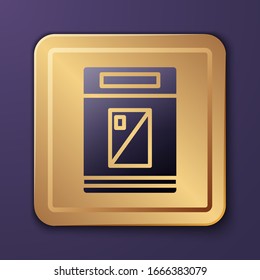 Purple Cigarettes pack box icon isolated on purple background. Cigarettes pack. Gold square button. Vector Illustration