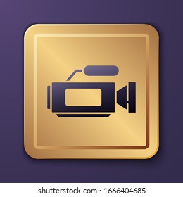 Purple Cinema camera icon isolated on purple background. Video camera. Movie sign. Film projector. Gold square button. Vector Illustration