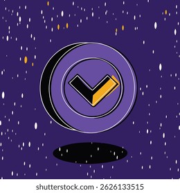 Purple circle with black and yellow check mark on a purple background with white and yellow dots around it