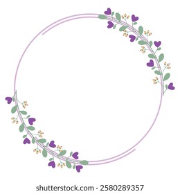Purple Circle Border Frame With Purple Love Flowers And Green Leaves