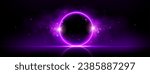 Purple circle in cloud of smoke on black background. Vector realistic illustration of round frame shimmering with sparkling particles, neon led light border in abstract space mist, night party design