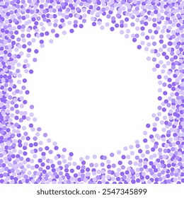 Purple circle confetti isolated on white background. Round frame with scattered confetti. Holiday background. 