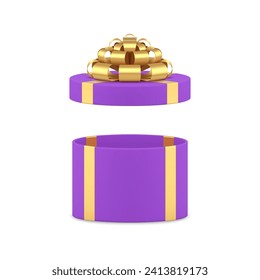 Purple circle empty gift box with open cap golden luxury bow ribbon 3d icon realistic vector illustration. Elegant violet premium present package round wrapped container for expensive surprise