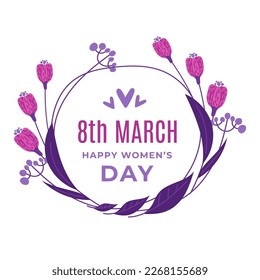 A purple circle with purple flowers and the words 8th march on it.