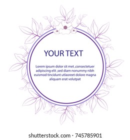 Purple circle frame, line leaves on white background.Blank for advertising card or invitation. vector ,illustration.