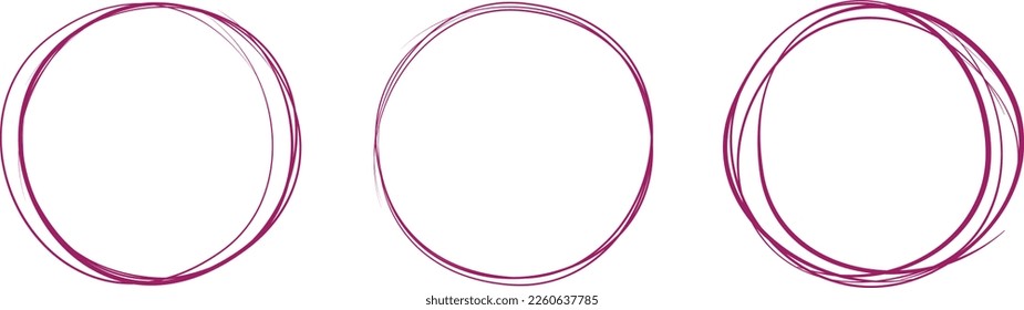 Purple circle line hand drawn set. Highlight hand drawing circle isolated on background. Round handwritten circle. For marking text, note, mark icon, number, marker pen, pencil and text check, vector