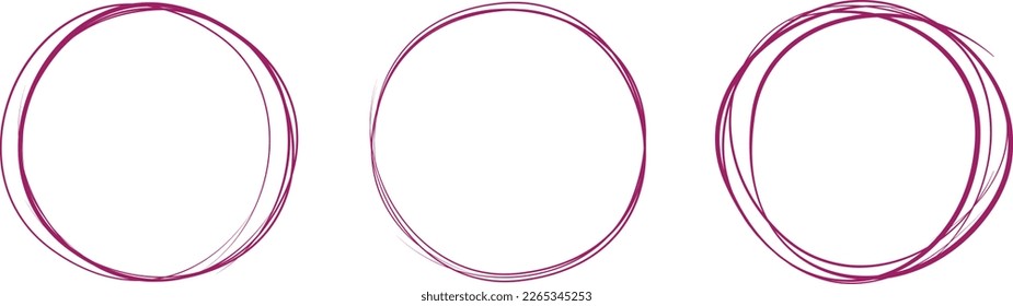 Línea de círculo púrpura dibujada a mano. Resaltar el círculo de dibujo a mano aislado en el fondo. Círculo redondo escrito a mano. Para marcar texto, nota, icono de marca, número, lápiz de marcadores, revisión de lápiz y texto, vector