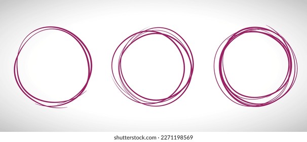Purple circle line hand drawn set. Highlight hand drawing circle isolated on background. Round handwritten circle. For marking text, note, mark icon, number, marker pen, pencil and text check, vector