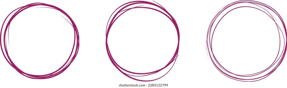 Purple circle line hand drawn set. Highlight hand drawing circle isolated on background. Round handwritten circle. For marking text, note, mark icon, number, marker pen, pencil and text check, vector