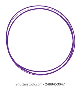 Violette Kreislinie von Hand gezeichnet. Federzeichnerkreis auf weißem Hintergrund isoliert. Runder handgeschriebener Kreis. Zum Markieren von Text, Notiz, Markierungssymbol, Zahl, Markierungsstift, Bleistift und Textprüfung, Vektorgrafik.