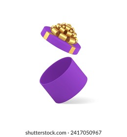 Purple circle open gift box with luxury golden bow ribbon shopping prize 3d icon realistic vector