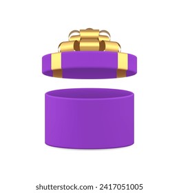 violetter Kreis, offene Geschenkbox stylische Verpackung mit goldenem Bugband 3D-Symbol realistische Vektorgrafik