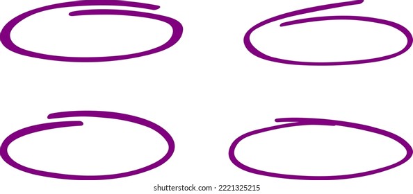 Círculo púrpura, conjunto de dibujo de lápiz. Resaltar el dibujo a mano de diferentes círculos aislados en el fondo. Círculo manuscrito. Para marcar texto, números, lápiz de marcadores, corrector de texto y lápiz, ilustración vectorial