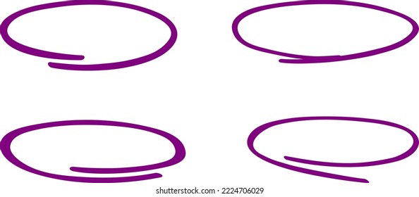 Purple circle, pen draw set. Highlight hand drawing different circles isolated on background. Handwritten circle. For marking text, numbers, marker pen, pencil and text check, vector illustration