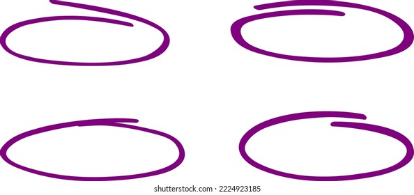 Círculo púrpura, conjunto de dibujo de lápiz. Resaltar el dibujo a mano de diferentes círculos aislados en el fondo. Círculo manuscrito. Para marcar texto, números, lápiz de marcadores, corrector de texto y lápiz, ilustración vectorial