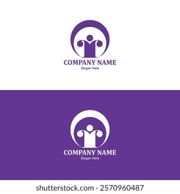 Purple circle surrounds person holding weights company name slogan below.