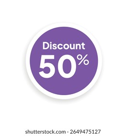 Um círculo roxo com uma borda branca exibe "Desconto" acima de um grande texto branco de "50%", centralizado, projetando uma sombra suave sobre um fundo branco.