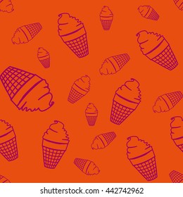 Purple circuit of ice-cream seamless pattern on orange background. Fashion  design. Stylish graphic of summer. Template for prints, textile, wrapping and decoration, wallpaper. Vector illustration.