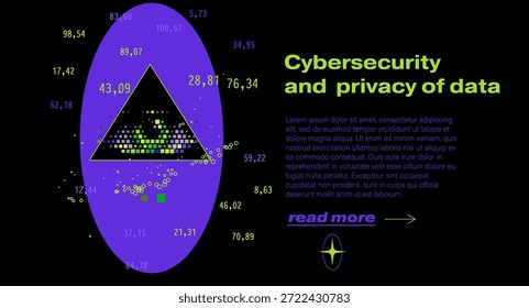 Fondo circular púrpura con un triángulo negro central que contiene un ojo pixelado multicolor, rodeado de puntos de datos dispersos y valores numéricos en estilo neón. Ilustración vectorial conceptual para temas de ciberseguridad, privacidad de datos, vigilancia y protección digital.