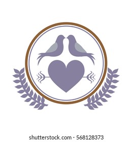 purple circular border with olive branch and pigeons in love