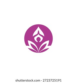 Emblema circular roxo com uma pessoa estilizada em uma pose de ioga meditativa com uma flor de lótus, simbolizando paz, equilíbrio e bem-estar espiritual. Para marca de saúde