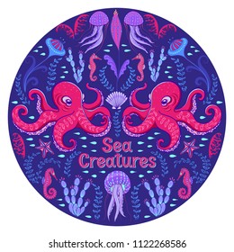 Purple circular pattern with octopus, sea horses, algae and the words - sea creatures.