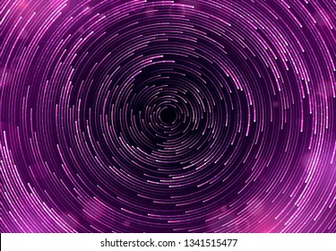 Purple circular sparkling background. Abstract swirl trail or tunnel. Vector effect of acceleration, speed, motion and depth
