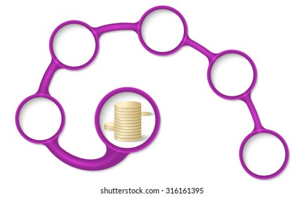 Purple circular text boxes for your text and coins