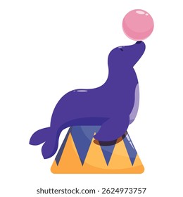 Purple circus seal is balancing a pink ball on its nose while sitting on a yellow and blue stand