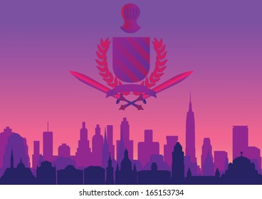 Purple city background with coat of arms 
