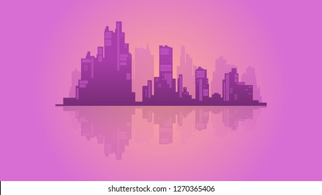 Purple city silhouette with reflection