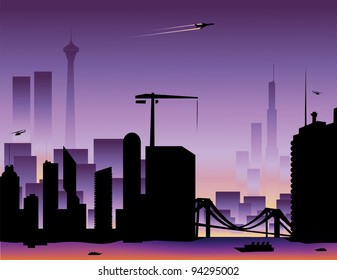 Purple City Silhouette in Sunset