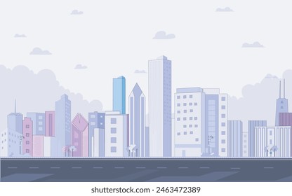 Purple cityscape background, City buildings and trees at city view. Monochrome urban landscape with clouds in the sky. Modern architectural flat style
